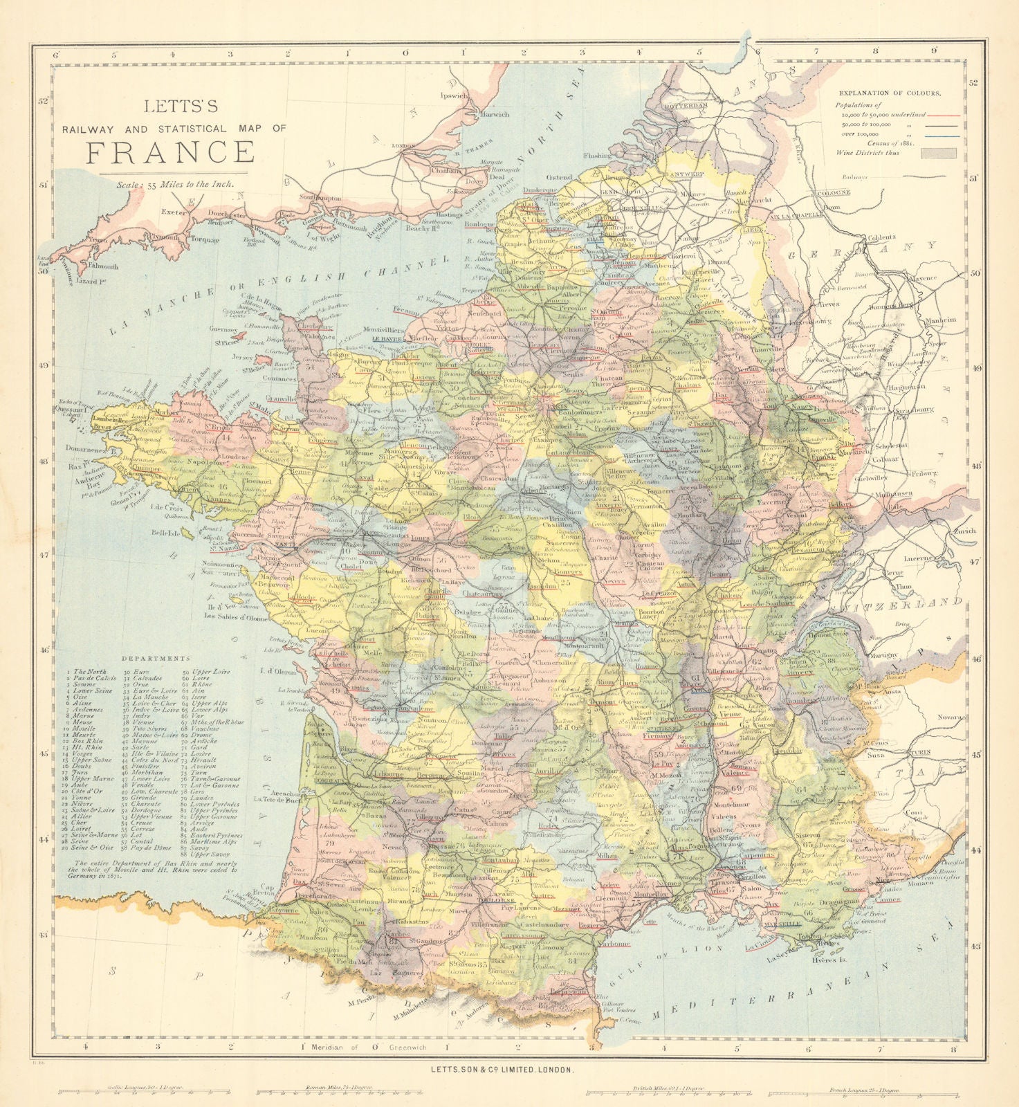 FRANCE. Railways. Wine-growing regions are shaded. LETTS 1892 old antique map